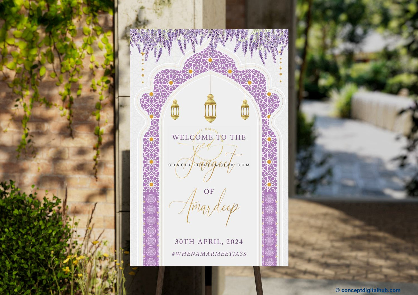 Purple Welcome Sign Board For Sangeet With Lantern