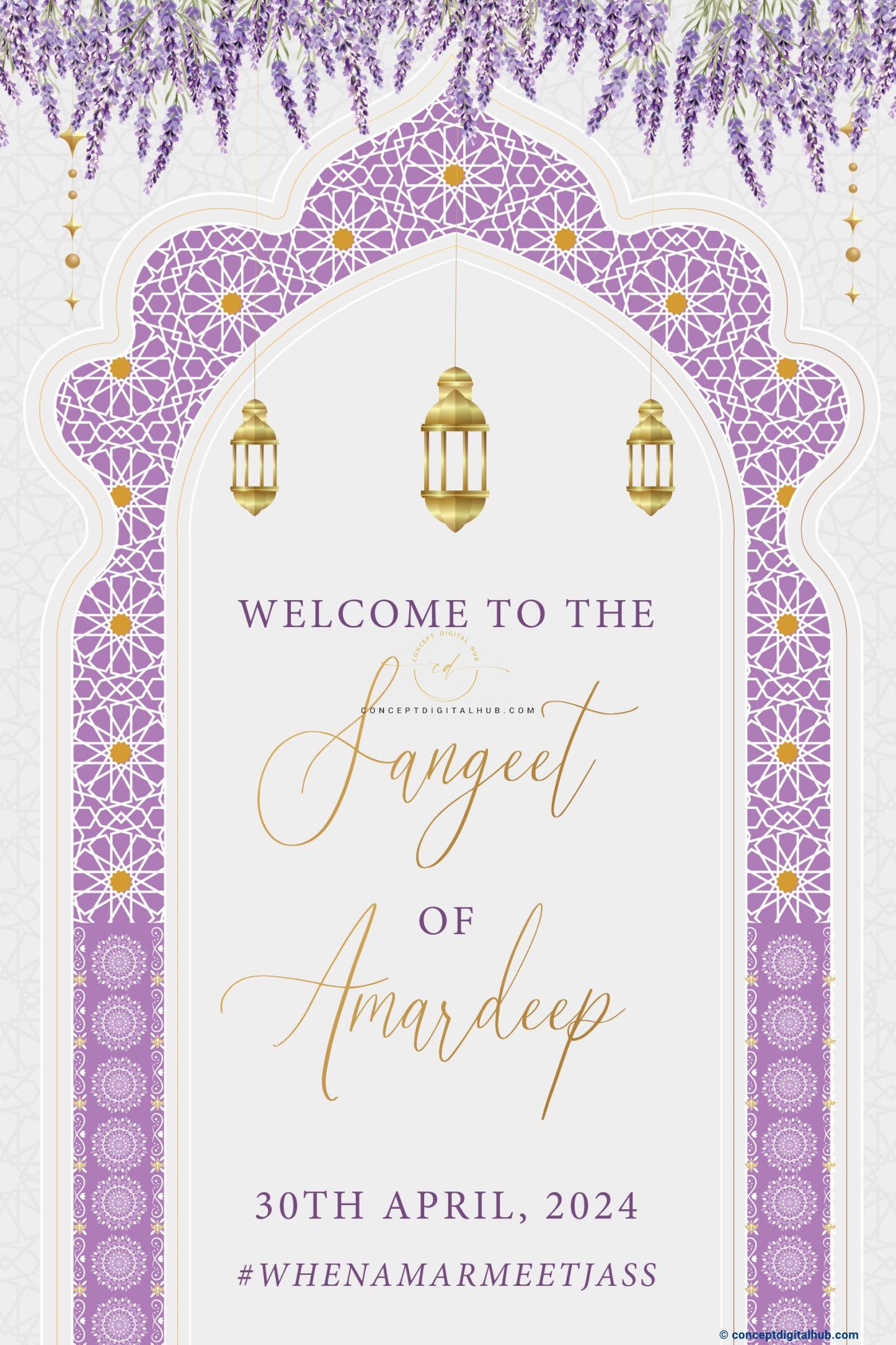 Purple Welcome Sign Board For Sangeet With Lantern