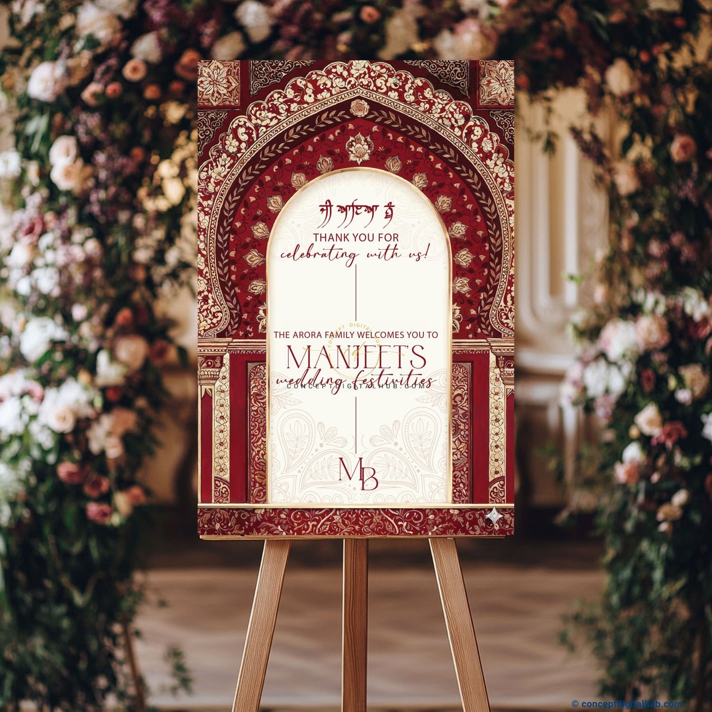 Burgundy Color Floral and Paisley Welcome Board for Wedding Week