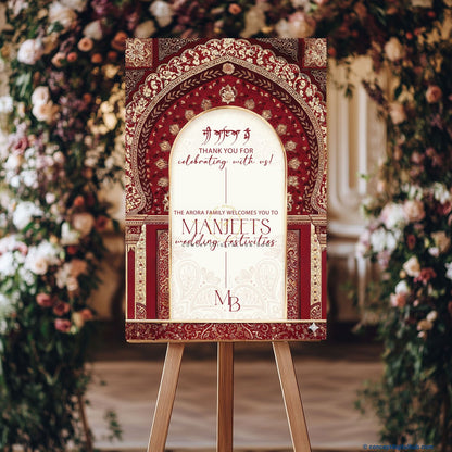 Burgundy Color Floral and Paisley Welcome Board for Wedding Week