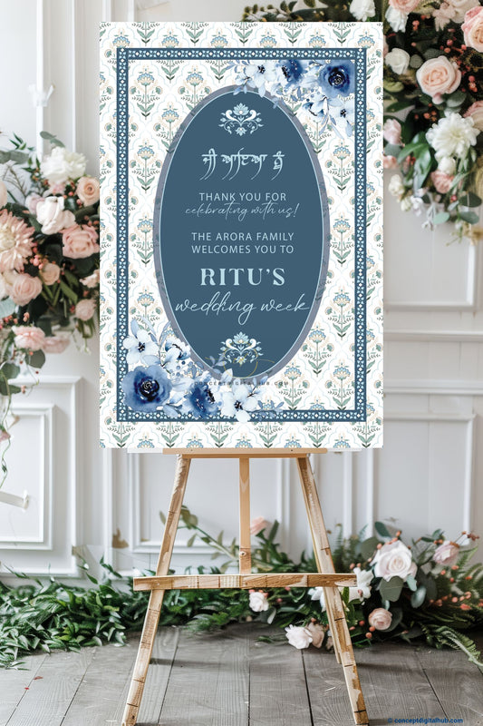 Slate Blue Color Vintage Botanical Welcome Board for Wedding Week