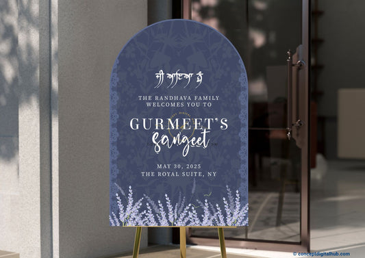 Jet Grey Color Lavender Flowers Welcome Board for Sangeet