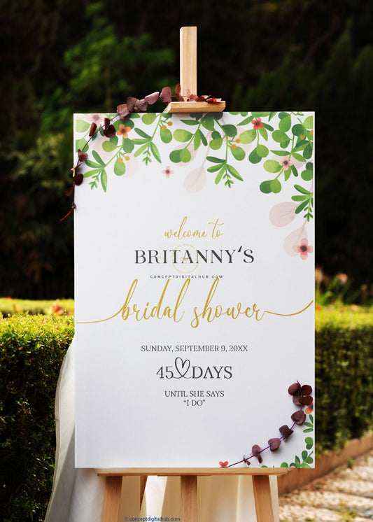 Bridal Shower Welcome Sign Board With Green Leaves