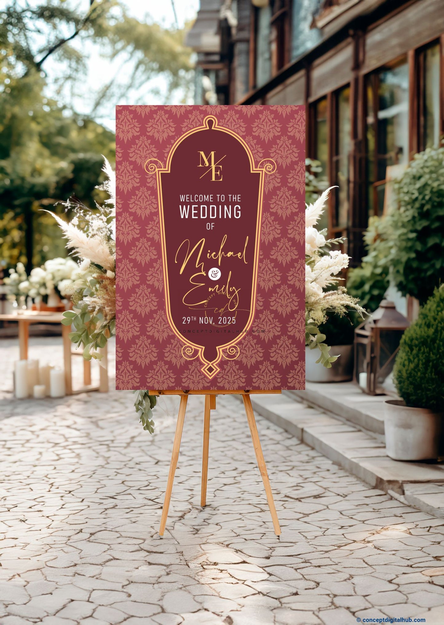 Burgundy Color Damask Pattern Welcome Board for Wedding Week