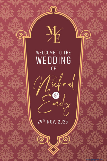 Burgundy Color Damask Pattern Welcome Board for Wedding Week