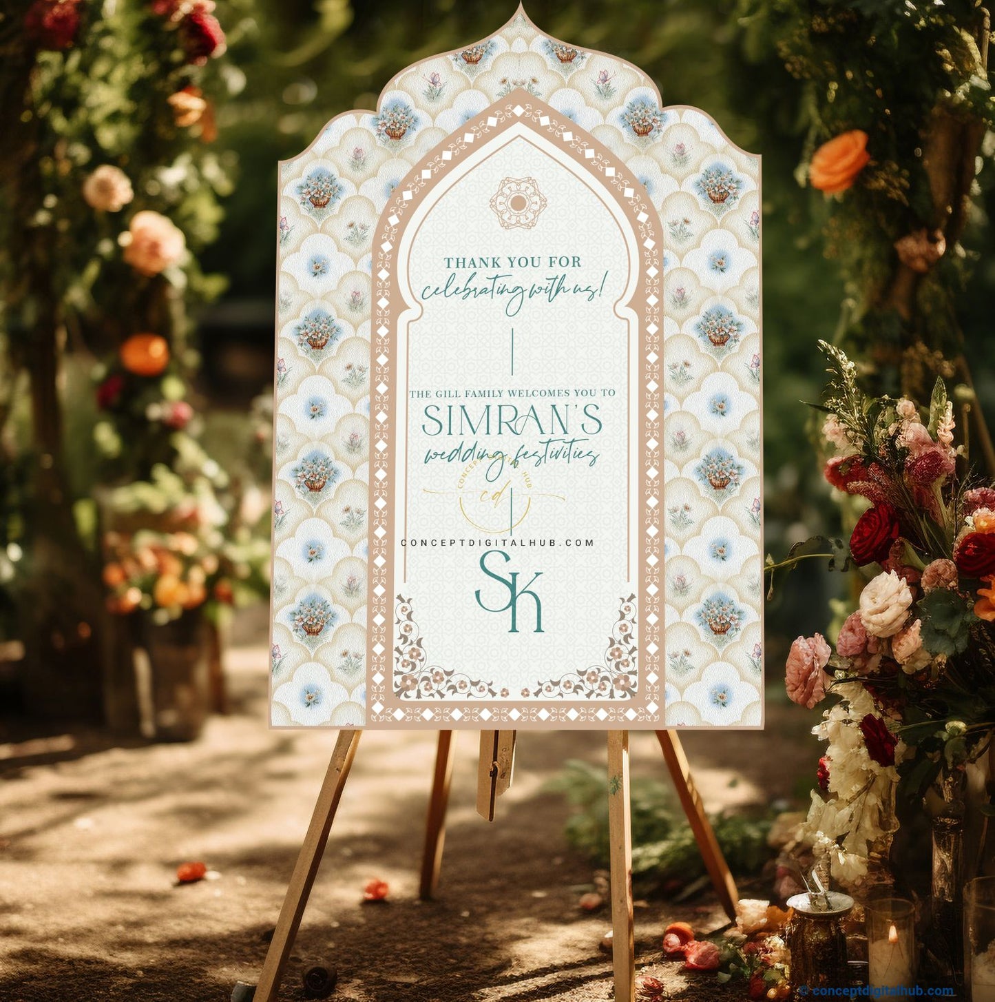 White Smoke Color Floral Welcome Board for Wedding Week