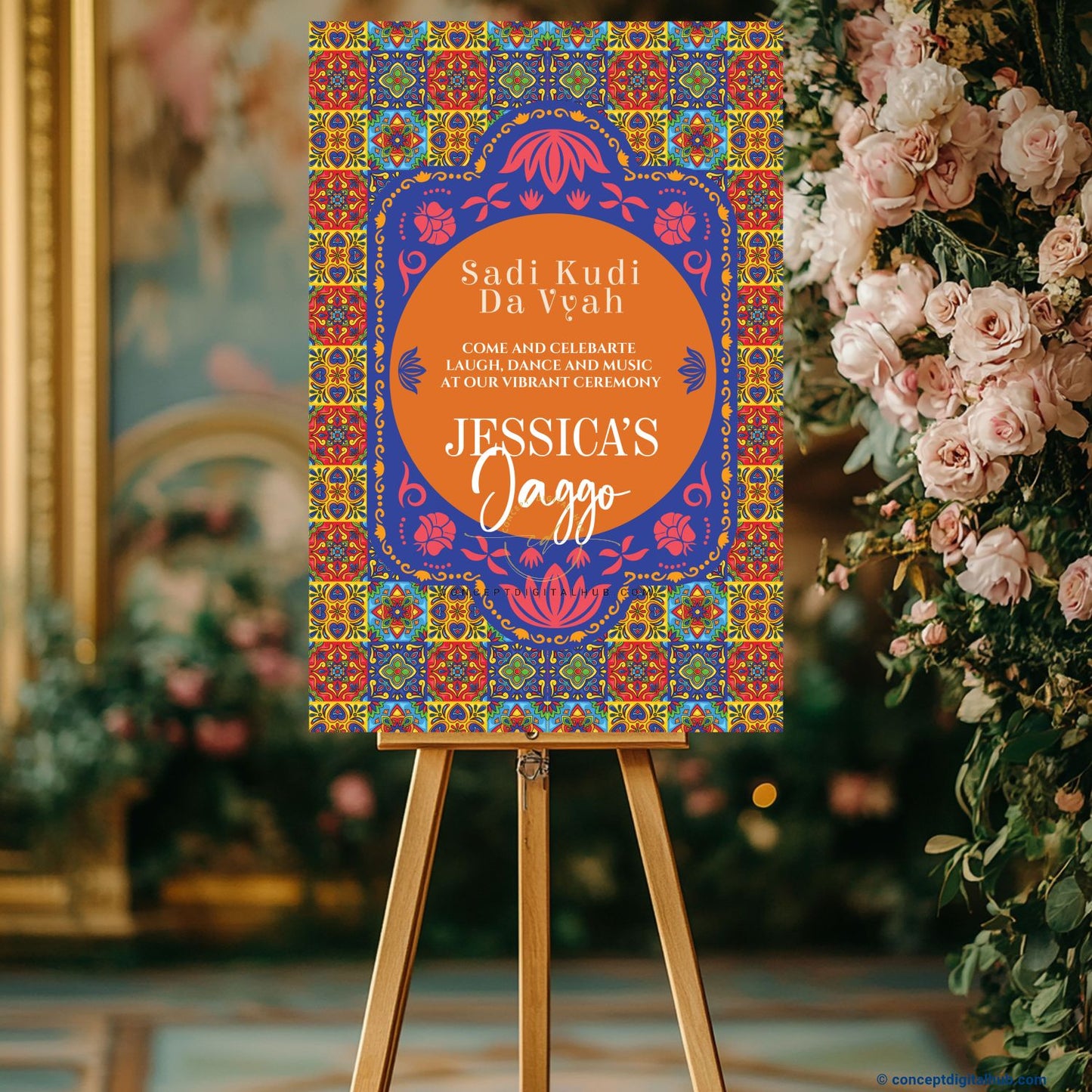 Bright Orange Color Floral and Lotus Motifs Welcome Board for Jaggo