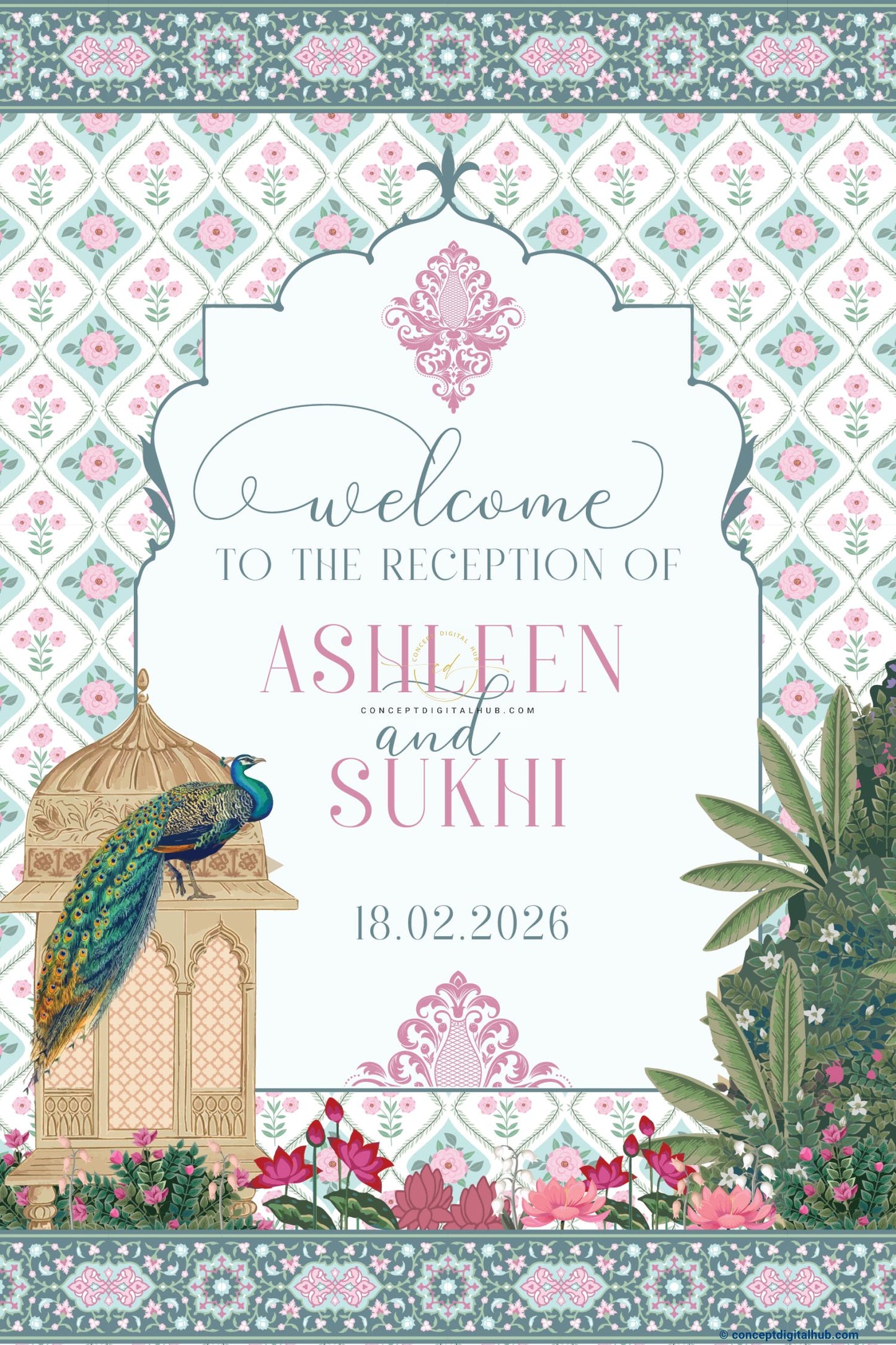 Sage Green Color Lotus Flowers Welcome Board for Wedding Week
