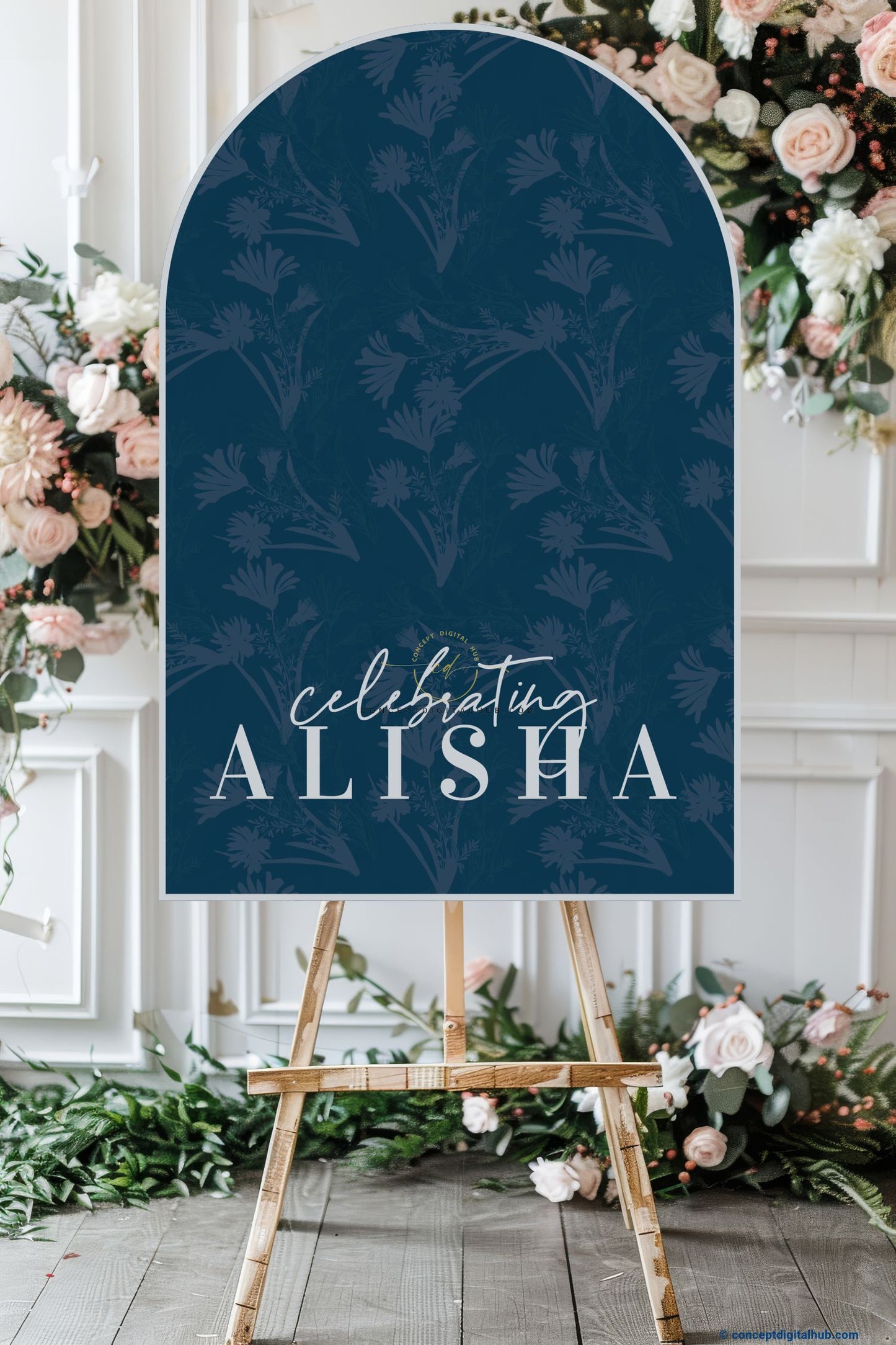 Midnight Blue Color Botanical Welcome Board for Wedding Week