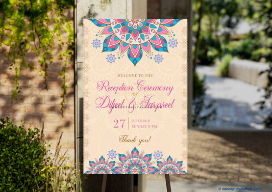 Ornate Pink Reception Welcome Board for Wedding