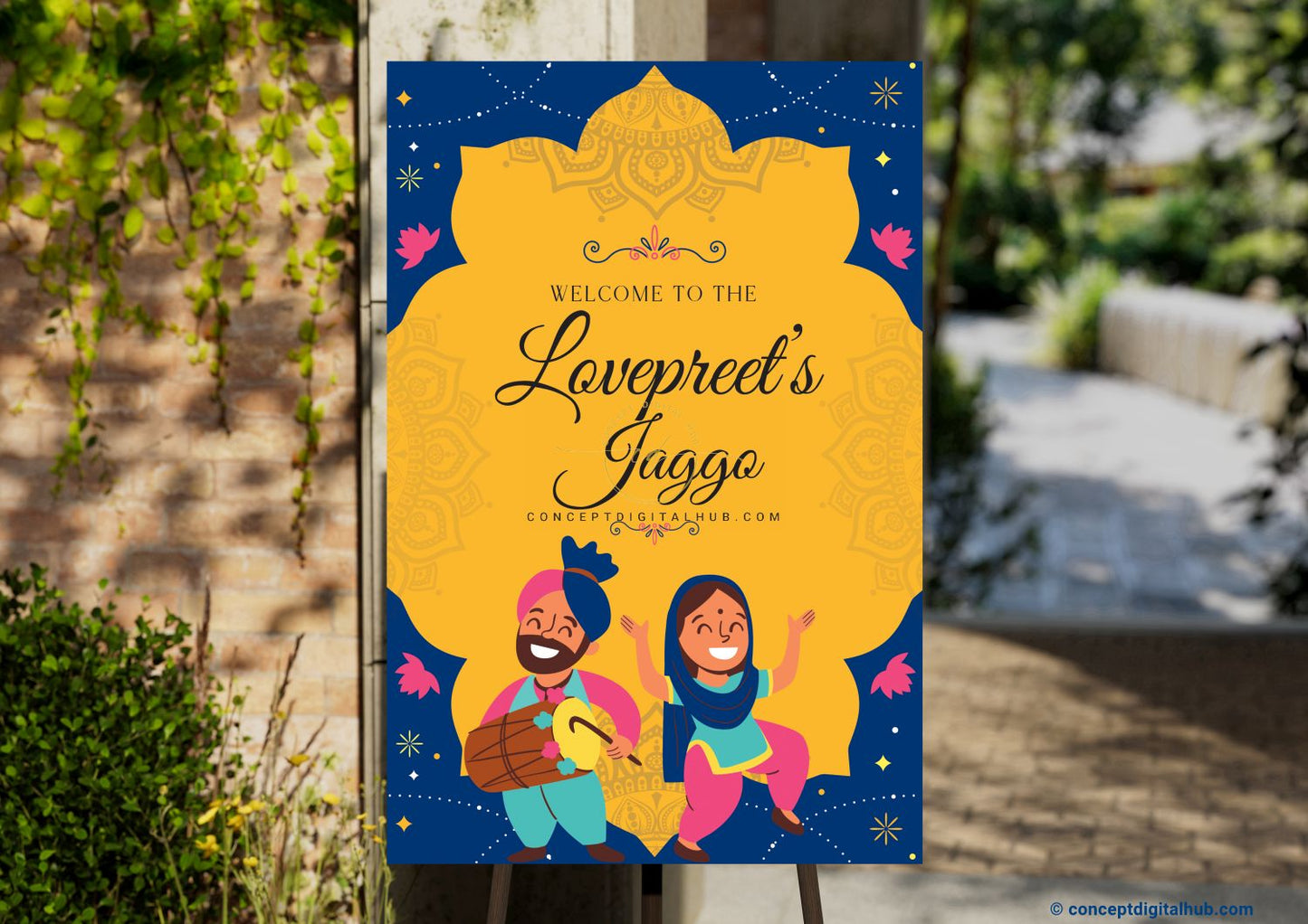 Blue & Yellow Color Dhol Welcome Board for Jaggo