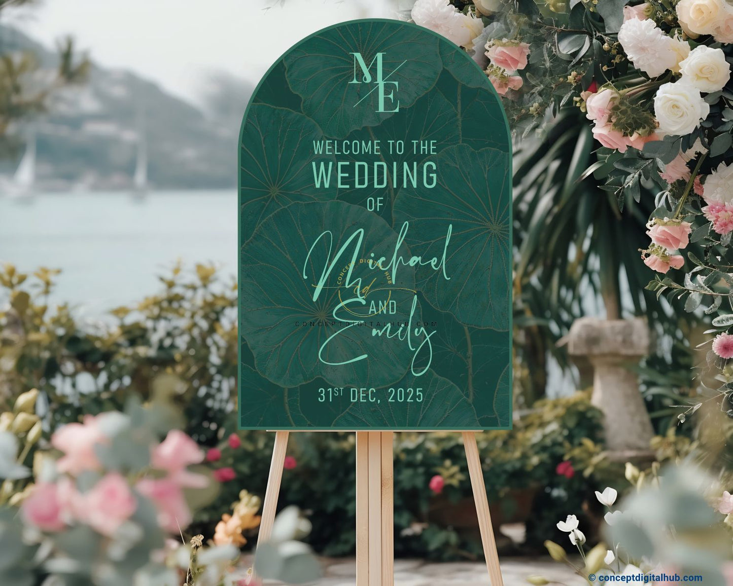 Emerald Green Color Lotus Leaf Welcome Board for Wedding Week