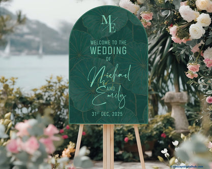 Emerald Green Color Lotus Leaf Welcome Board for Wedding Week