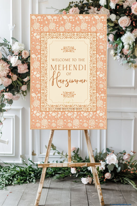 Peach Color Floral Corner Motifs Welcome Board for Mehendi
