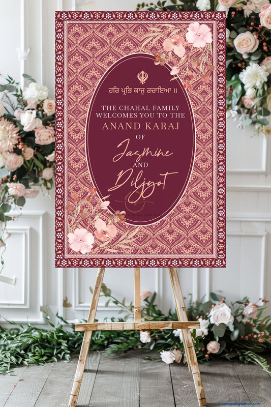 Wine Color Floral Welcome Board for Anand Karaj