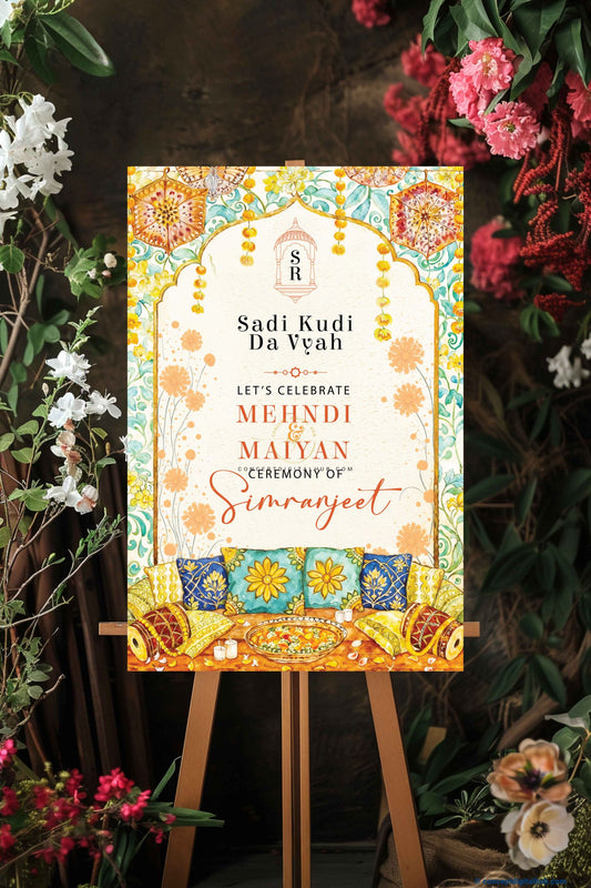Mustard Yellow Color Marigold Decor Welcome Board for Mehendi