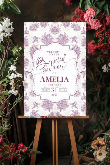 Dark Lilac Color Flowers Ornamental Welcome Board for Bridal Shower