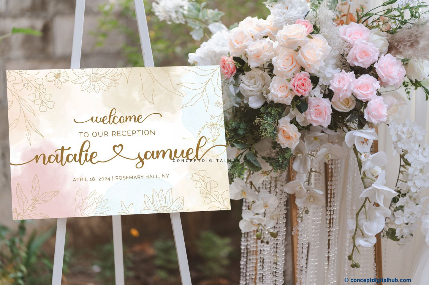 Reception Welcome Sign Board With Lined Flowers