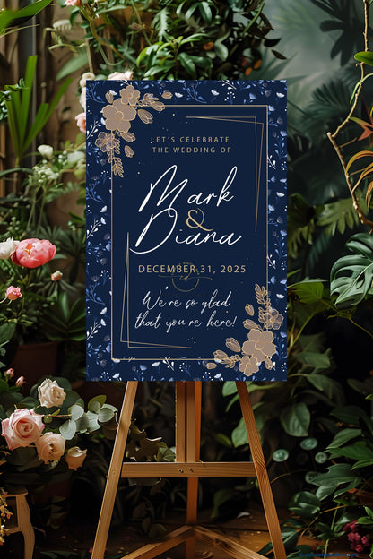 Navy Blue Color Floral Welcome Board for Wedding Week