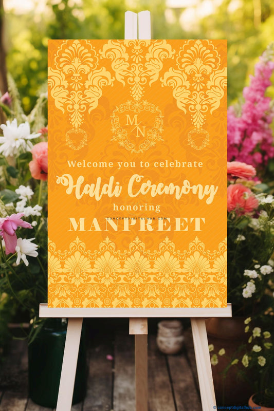 Yellow Color Damask Welcome Board for Haldi