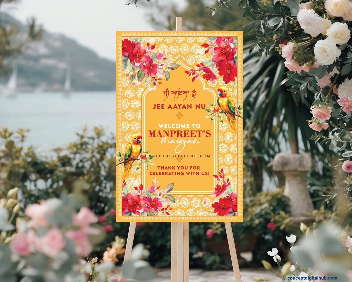 Mustard Yellow Color Watercolor Parrots Welcome Board for Maiyan