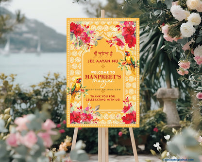 Mustard Yellow Color Watercolor Parrots Welcome Board for Maiyan