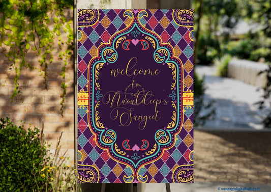 Purple Color Welcome Board for Sangeet