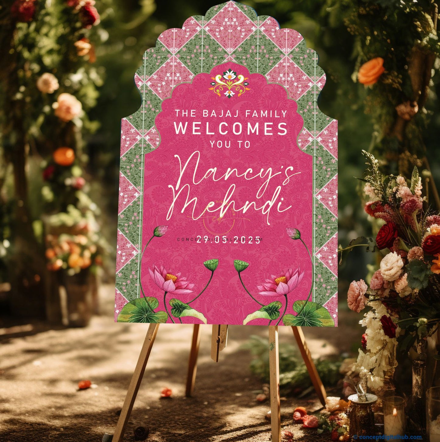Dark Pink Color Lotus Flowers Welcome Board for Mehendi