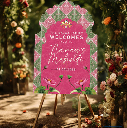 Dark Pink Color Lotus Flowers Welcome Board for Mehendi
