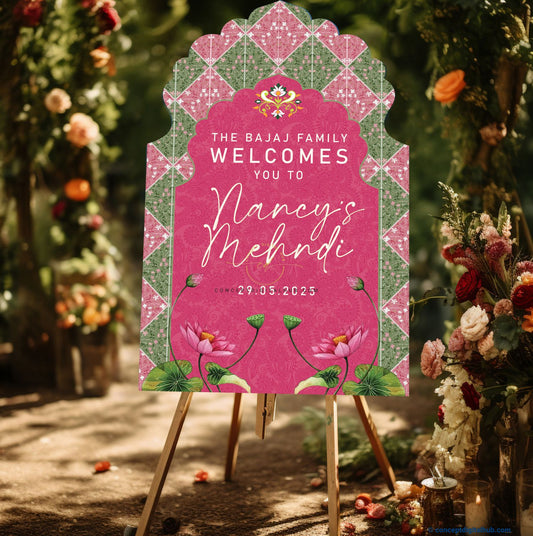 Dark Pink Color Lotus Flowers Welcome Board for Mehendi