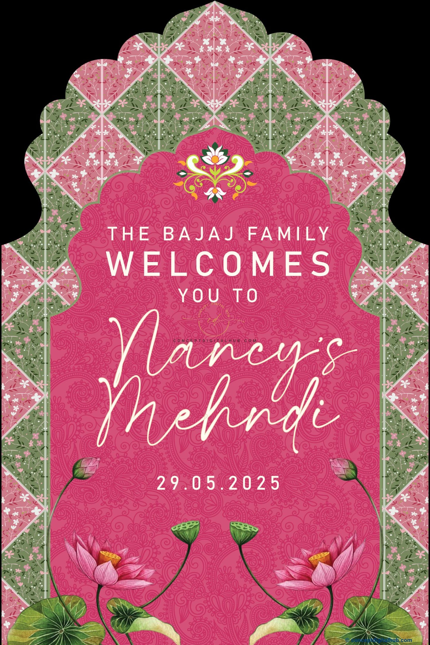 Dark Pink Color Lotus Flowers Welcome Board for Mehendi