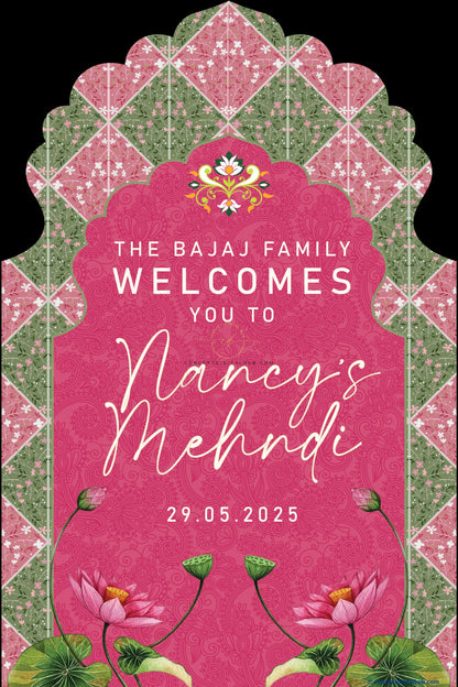 Dark Pink Color Lotus Flowers Welcome Board for Mehendi