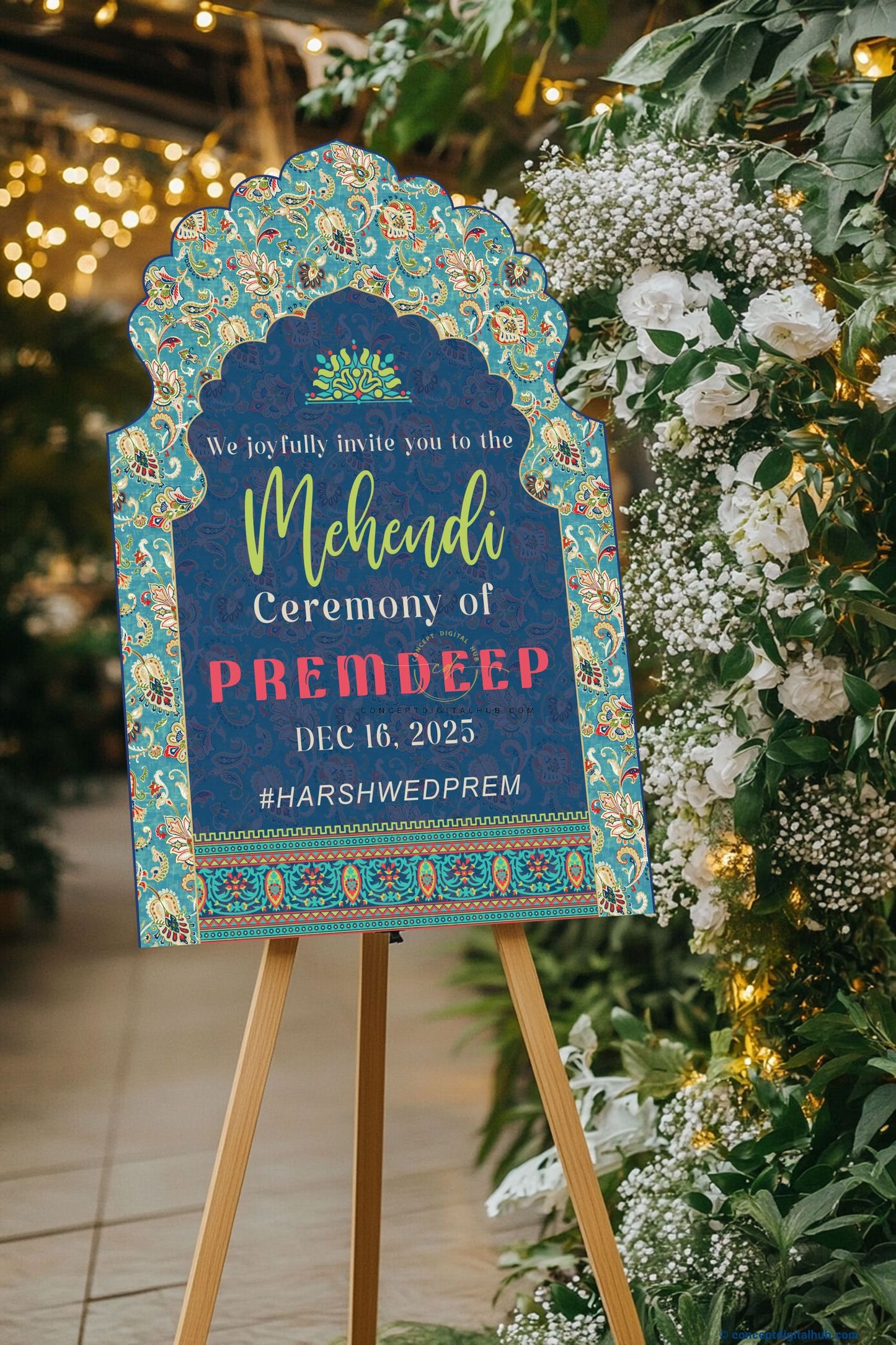 Turquoise Blue Color Paisley Floral Welcome Board for Mehendi