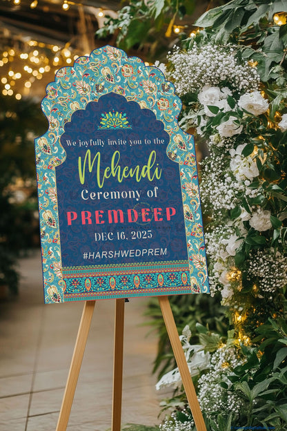 Turquoise Blue Color Paisley Floral Welcome Board for Mehendi