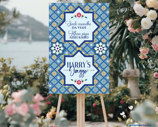 Royal Blue Color Moroccan Geometric Tile Pattern Welcome Board for Jaggo