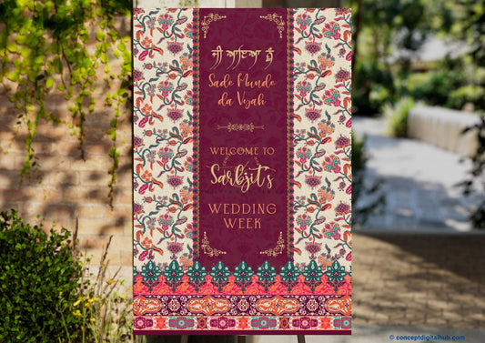 Wine Color Floral Welcome Board for Wedding Week