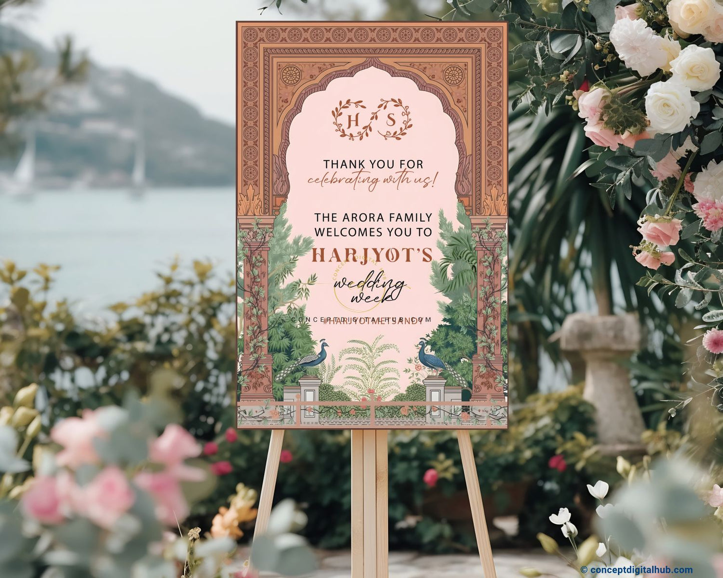 Blush Pink Color Ornamental Arch Welcome Board for Wedding Week
