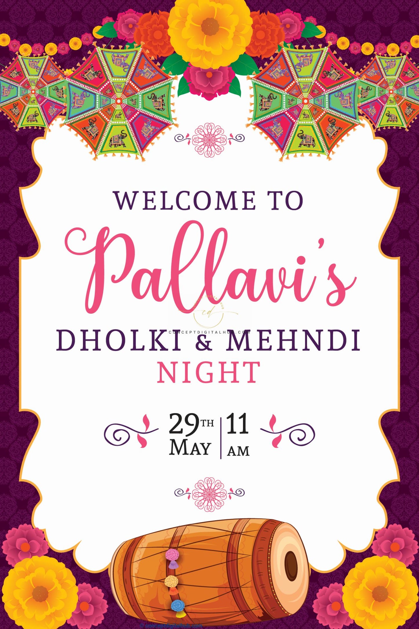 Mehndi Welcome Sign Board In Purple