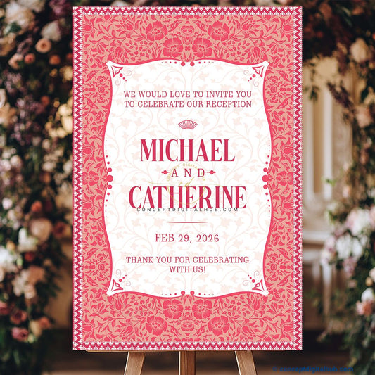 Coral Pink Color Corner Flourishes Welcome Board for Wedding Week