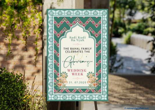 Beetle Green Color Floral Pattern Welcome Board for Wedding Week