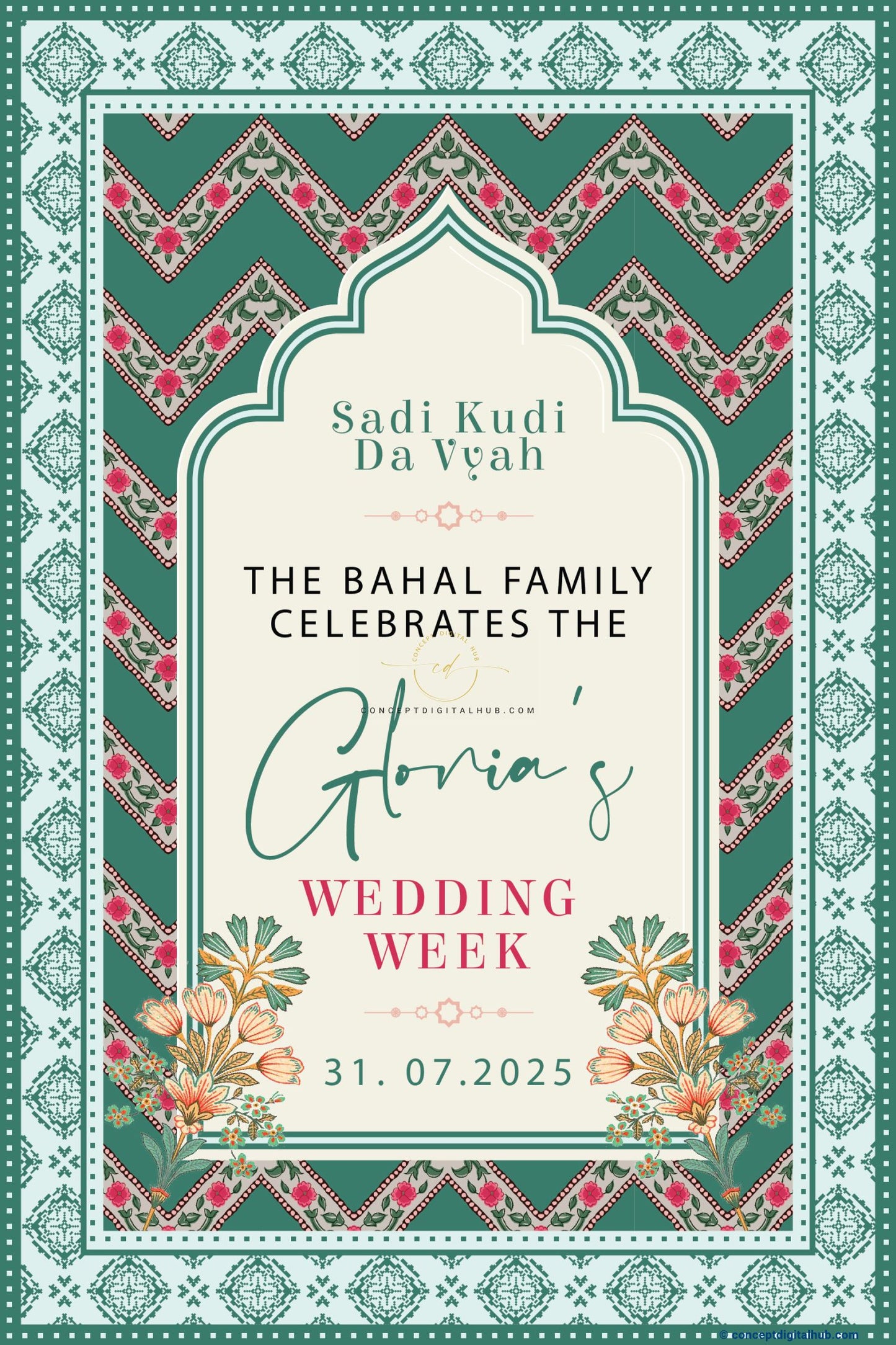Beetle Green Color Floral Pattern Welcome Board for Wedding Week