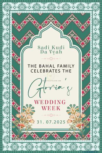 Beetle Green Color Floral Pattern Welcome Board for Wedding Week