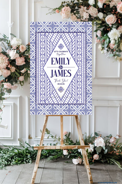 Royal Blue Color Circular & Stripe Motifs Welcome Board for Wedding Week