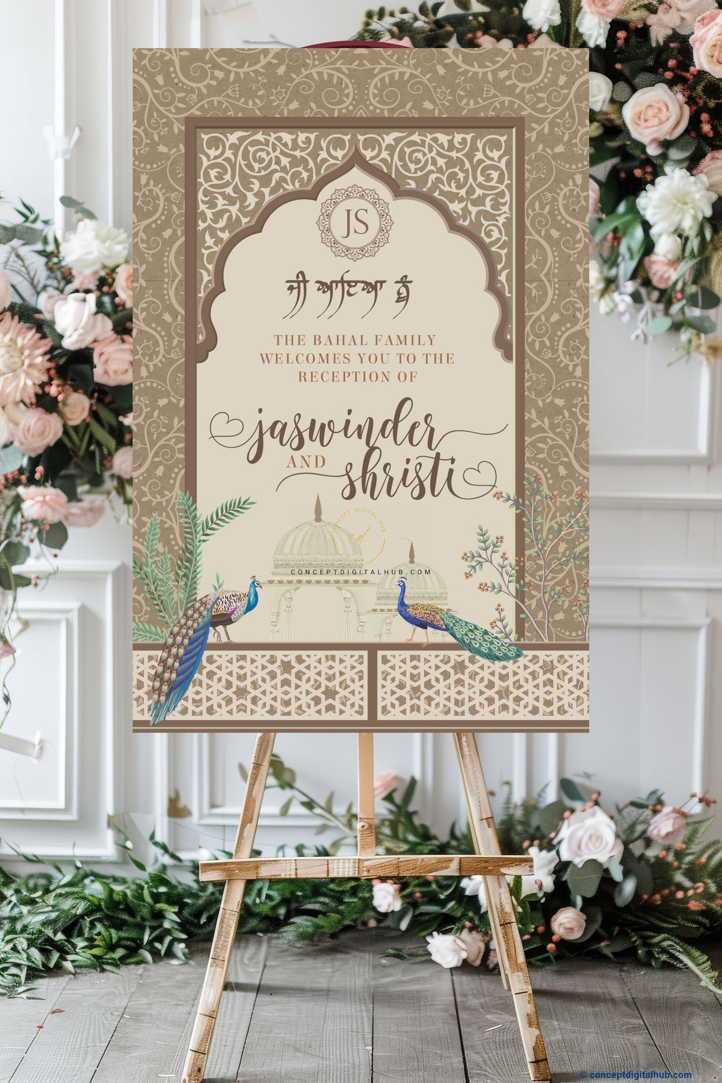 Pastel Brown Color Peacocks Welcome Board for Anand Karaj