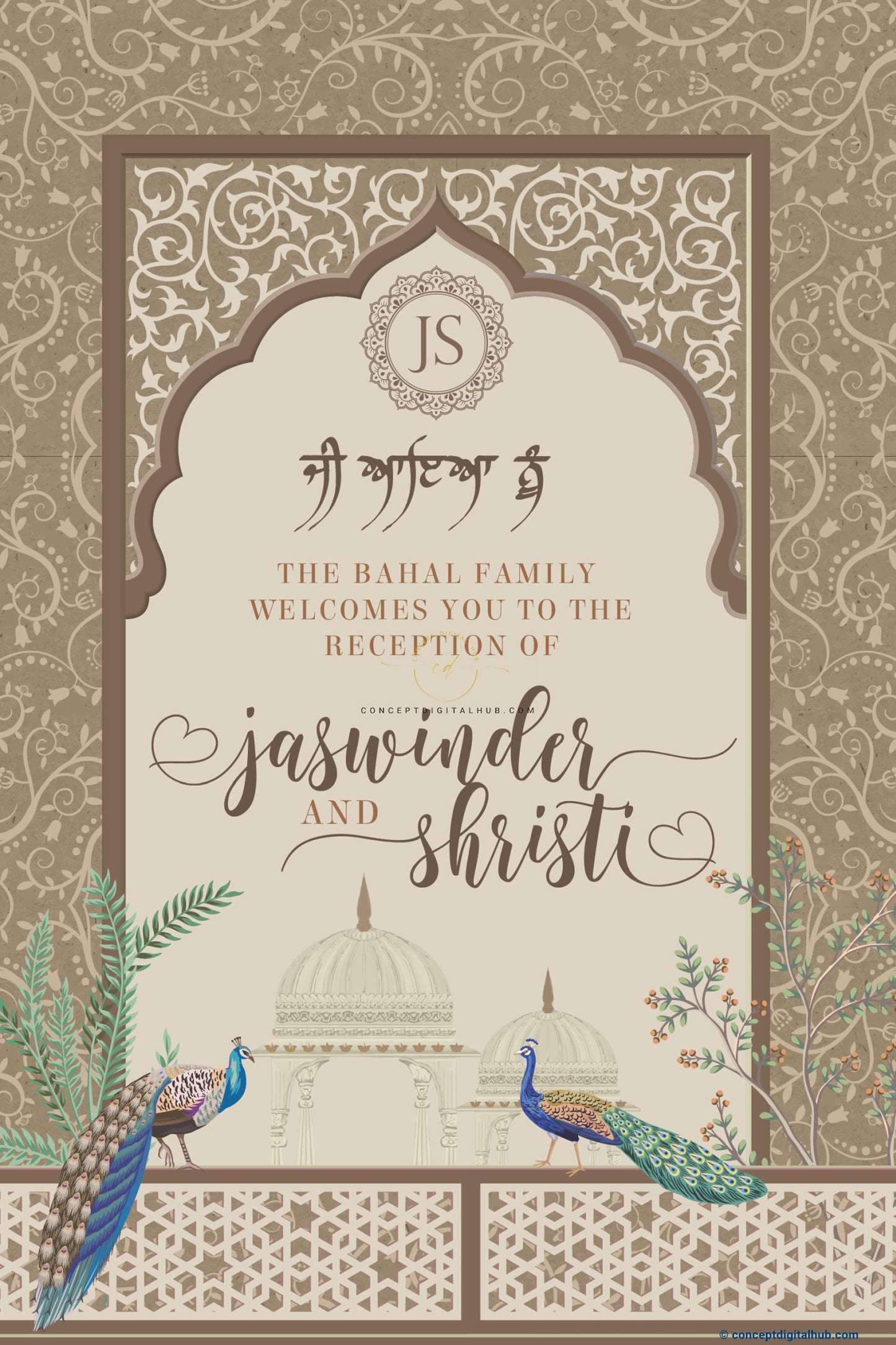 Pastel Brown Color Peacocks Welcome Board for Anand Karaj