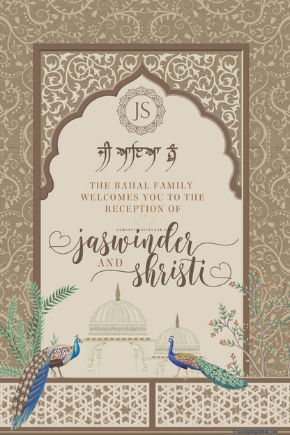 Pastel Brown Color Peacocks Welcome Board for Anand Karaj