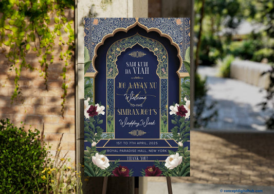 Blue Color Floral Welcome Board for Wedding Week