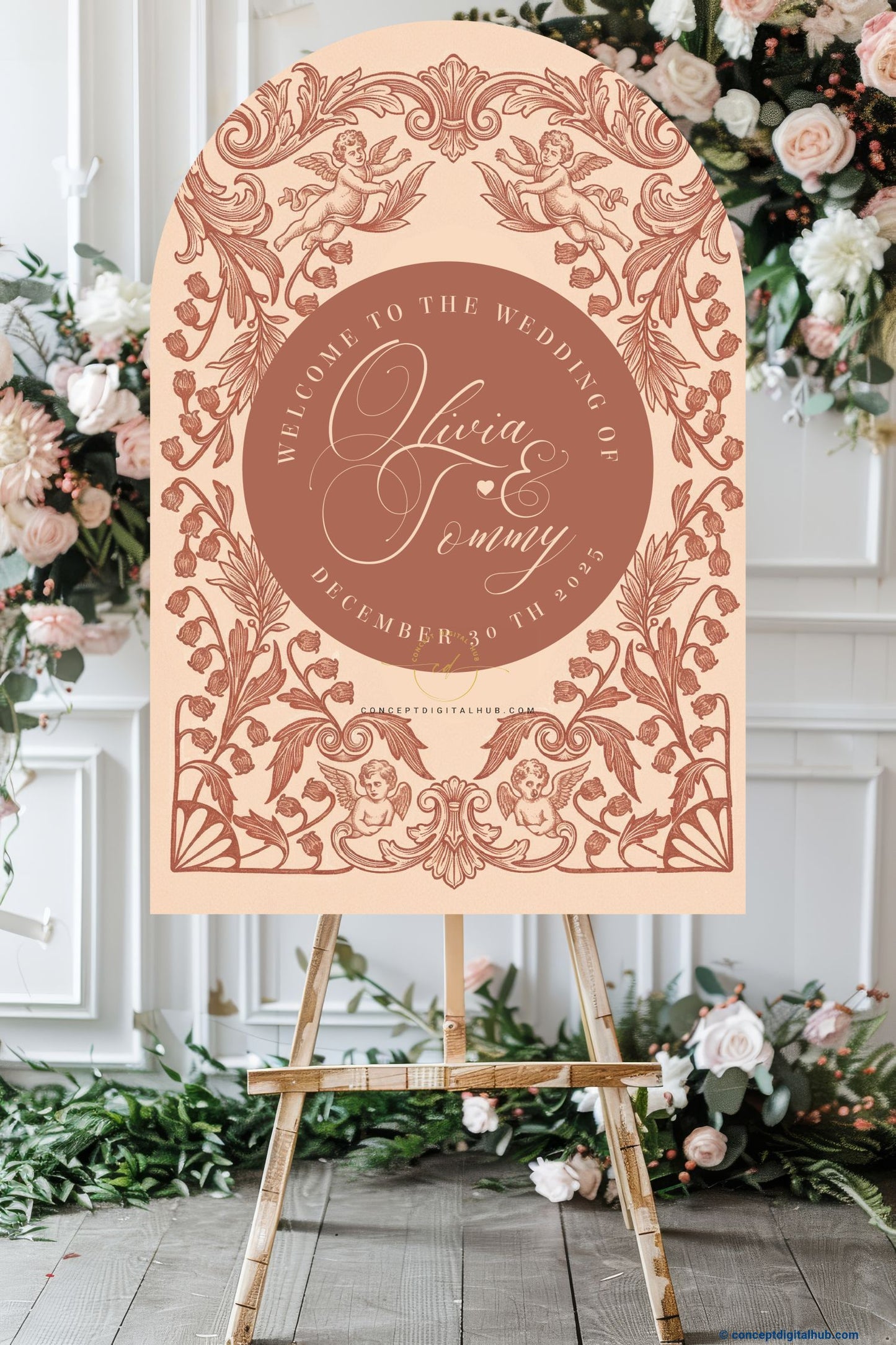 Warm Beige Color Ornamental Baroque Welcome Board for Wedding Week