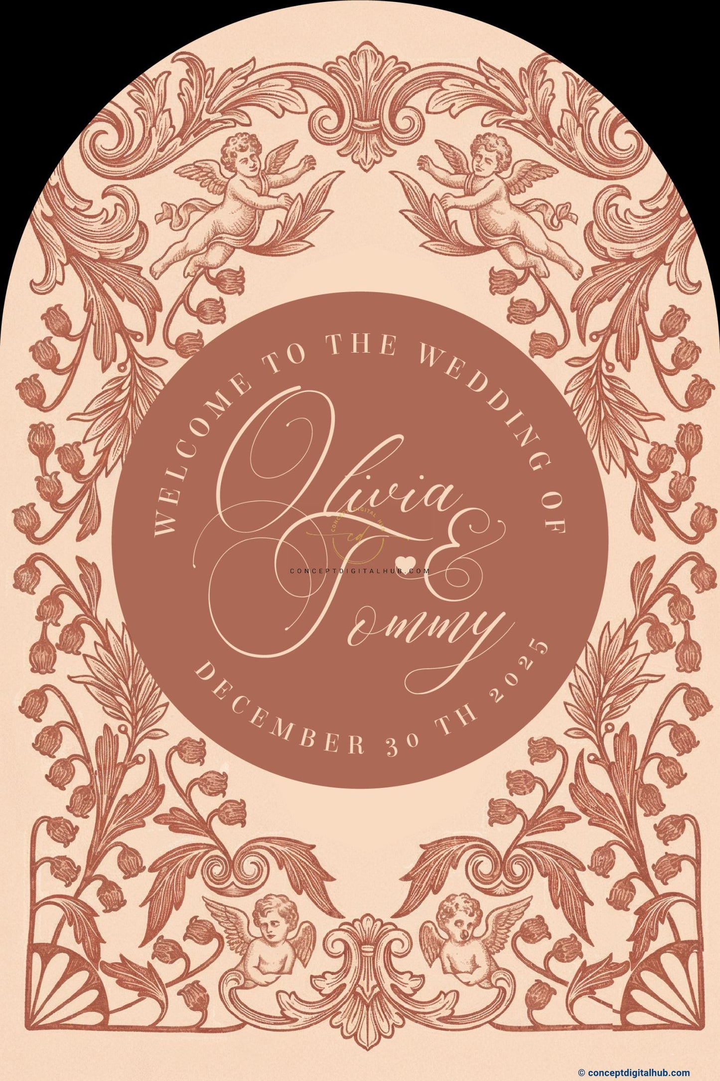 Warm Beige Color Ornamental Baroque Welcome Board for Wedding Week