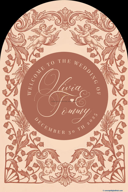 Warm Beige Color Ornamental Baroque Welcome Board for Wedding Week